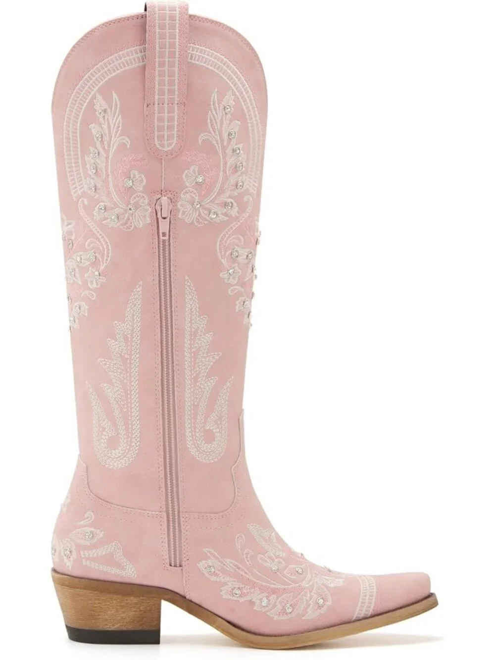 Girls Pink Embroidered Rhinestones Knee High Pointed Toe Chunky Shoes Boots